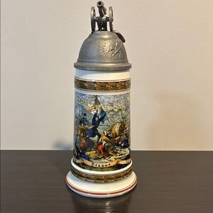 German cannon lidded beer stein with illuminated Lithopane figures in bottom